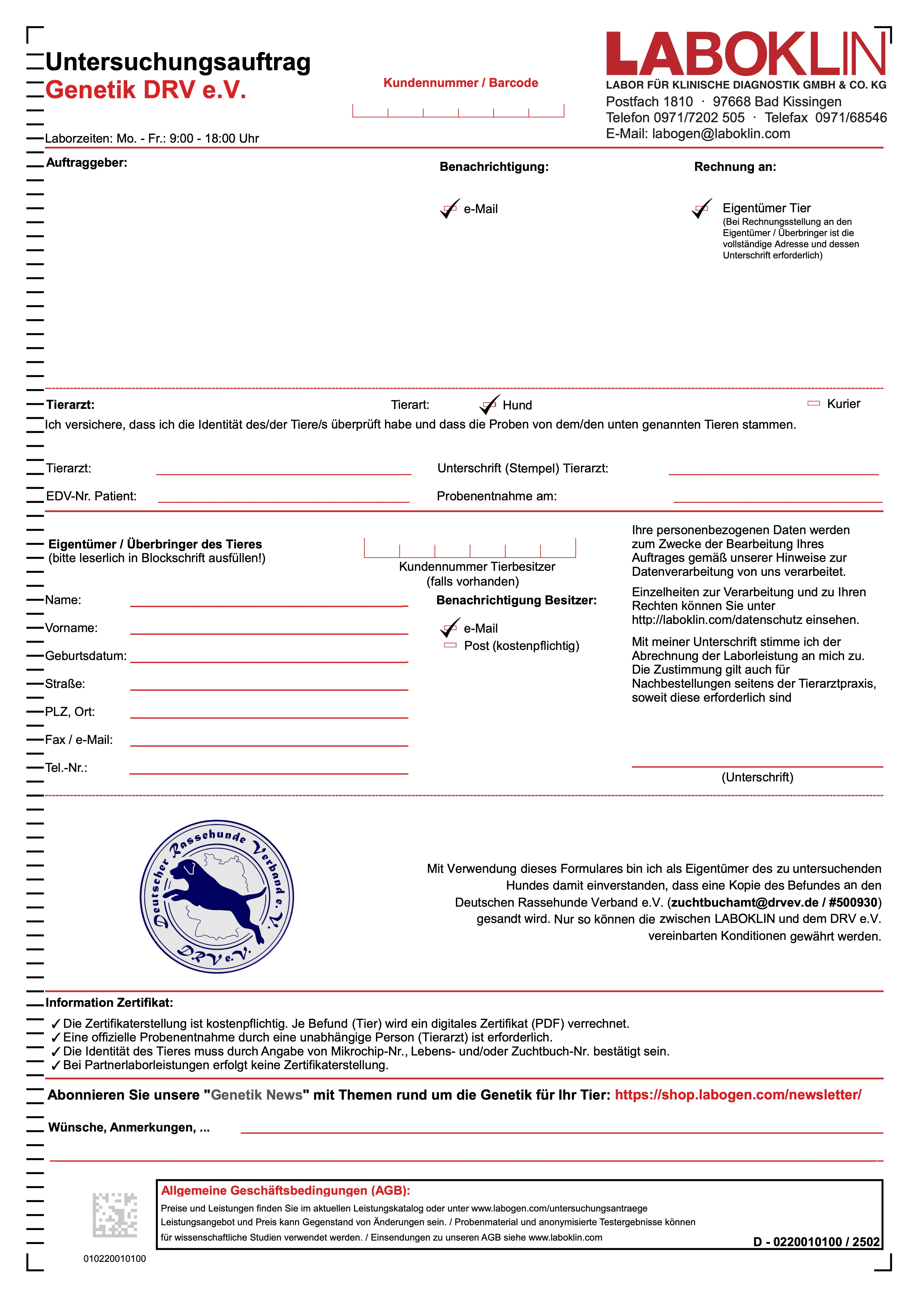 Laboklin Untersuchungsauftrag